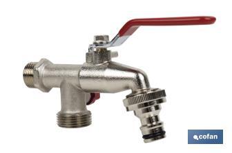 Double outlet garden tap with lever | Size: 1/2" x 3/4" x 3/4" | Suitable for garden hose | PN: 25 bar - Cofan