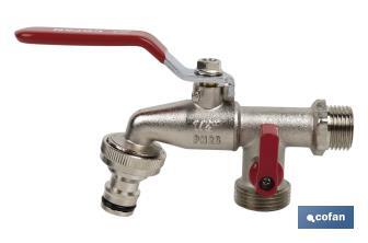 Double outlet garden tap with lever | Size: 1/2" x 3/4" x 3/4" | Suitable for garden hose | PN: 25 bar - Cofan