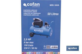 Compresor de aire de pistón coaxial | Motor de 2 HP | Compresor monofásico 230 V | Presión máxima: 8 bares | Depósito de 50 litros | Medidas: 77 x 43 x 66 cm - Cofan