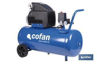 Compresor de aire de pistón coaxial | Motor de 2 HP | Compresor monofásico 230 V | Presión máxima: 8 bares | Depósito de 50 litros | Medidas: 77 x 43 x 66 cm - Cofan