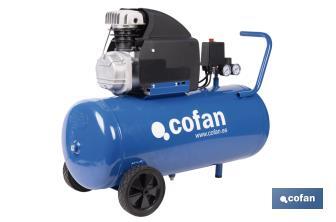 Compresor de aire de pistón coaxial | Motor de 2 HP | Compresor monofásico 230 V | Presión máxima: 8 bares | Depósito de 50 litros | Medidas: 77 x 43 x 66 cm - Cofan
