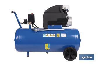 Compresor de aire de pistón coaxial | Motor de 2 HP | Compresor monofásico 230 V | Presión máxima: 8 bares | Depósito de 50 litros | Medidas: 77 x 43 x 66 cm - Cofan