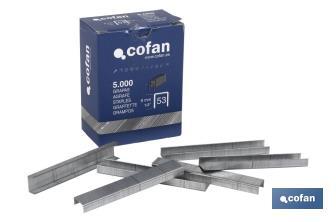 Caja de grapas 5000 Uds. nº 53 11,5 x Ø0,60 x 0,75 mm | Con longitudes 6, 8, 10, 12 y 14 mm | Diseñadas para grapado manual - Cofan