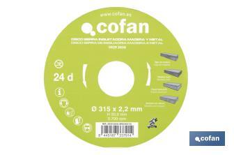 Mitre saw blade | Suitable for cutting wood and metal | Available in different teeth: 24, 28 and 32 | Available in different sizes - Cofan