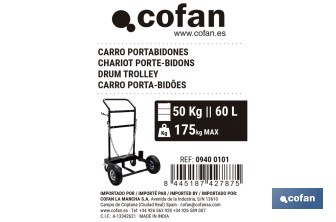 Carro portabidones de acero con ruedas antipinchazo | Cadena de seguridad | Alta resistencia y maniobrabilidad | Adecuado para bidones de 60 litros - Cofan
