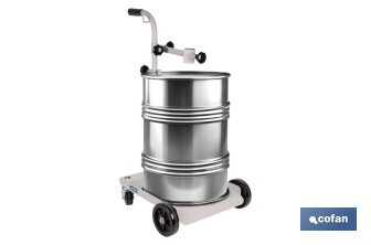Carretilla portabidones | Ruedas de poliuretano con rodamientos y nylon | Mango acolchado | Ideal para talleres e industria | Adecuada para bidones de 60 litros - Cofan