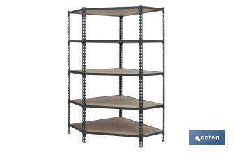 Corner shelving unit | Steel | Anthracite | Available with 5 wooden tiers | Size: 1,800 X 900 X 400MM - Cofan