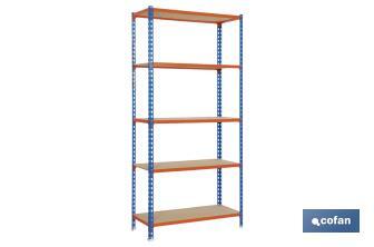 Steel shelving unit | Blue and orange | Available with 5 wooden tiers | Size: 2,000 X 1,000 X 500MM - Cofan