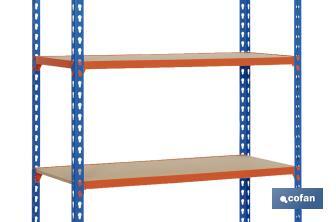 Steel shelving unit | Blue and orange | Available with 5 wooden tiers | Size: 2,000 X 1,000 X 500MM - Cofan