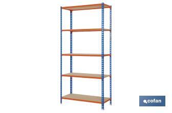 Steel shelving unit | Blue and orange | Available with 5 wooden tiers | Size: 2,000 X 1,000 X 500MM - Cofan