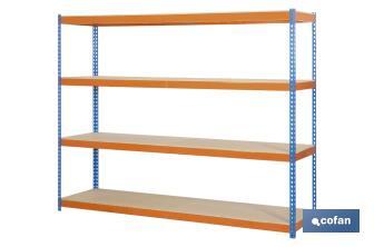 Steel shelving unit | Blue and orange | Available with 4 wooden tiers | Available in different sizes - Cofan