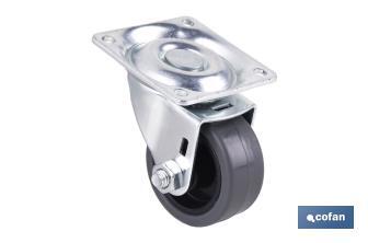 Rueda de goma gris con placa giratoria | Diámetros desde 30 mm hasta 40 mm | Para pesos desde 25 kg hasta 32 kg - Cofan