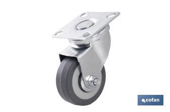 Roulette en caoutchouc gris avec plaque tournante | Diamètres de 30 à 75 mm | Pour des poids de 25 kg jusqu'à 45 kg - Cofan