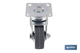 Roulette en caoutchouc gris avec plaque tournante | Diamètres de 30 à 75 mm | Pour des poids de 25 kg jusqu'à 45 kg - Cofan