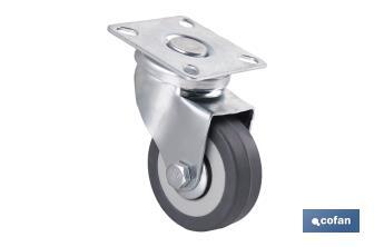 Roulette en caoutchouc gris avec plaque tournante | Diamètres de 30 à 75 mm | Pour des poids de 25 kg jusqu'à 45 kg - Cofan