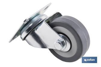 Roulette en caoutchouc gris avec plaque tournante | Diamètres de 30 à 75 mm | Pour des poids de 25 kg jusqu'à 45 kg - Cofan