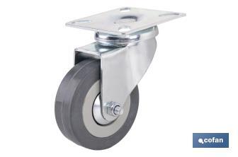 Roulette en caoutchouc gris avec plaque tournante | Diamètres de 30 à 75 mm | Pour des poids de 25 kg jusqu'à 45 kg - Cofan