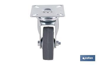 Roulette en caoutchouc gris avec plaque tournante | Diamètres de 30 à 75 mm | Pour des poids de 25 kg jusqu'à 45 kg - Cofan