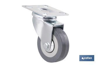 Roulette en caoutchouc gris avec plaque tournante | Diamètres de 30 à 75 mm | Pour des poids de 25 kg jusqu'à 45 kg - Cofan