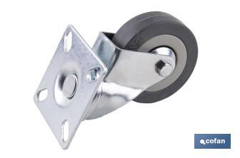Roulette en caoutchouc gris avec plaque tournante | Diamètres de 30 à 75 mm | Pour des poids de 25 kg jusqu'à 45 kg - Cofan
