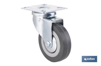 Roulette en caoutchouc gris avec plaque tournante | Diamètres de 30 à 75 mm | Pour des poids de 25 kg jusqu'à 45 kg - Cofan