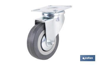Roulette en caoutchouc gris avec plaque tournante | Diamètres de 30 à 75 mm | Pour des poids de 25 kg jusqu'à 45 kg - Cofan