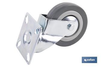 Roulette en caoutchouc gris avec plaque tournante | Diamètres de 30 à 75 mm | Pour des poids de 25 kg jusqu'à 45 kg - Cofan
