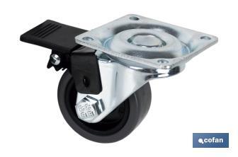 Roda de borracha cinza com placa giratória e travão | Diâmetros de 50 mm a 75 mm | Para pesos de 36 kg a 45 kg - Cofan