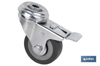 Roulette en caoutchouc gris avec frein en métal pour vis traversante | Diamètres de 50 à 75 mm | Pour des poids de 36 kg jusqu'à 45 kg - Cofan