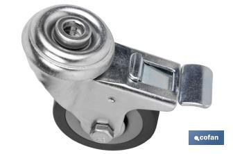 Rueda de goma gris con freno de metal para tornillo pasante | Diámetros desde 50 mm hasta 75 mm | Para pesos desde 36 kg hasta 45 kg - Cofan