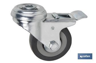 Roda de borracha cinza com travão de metal para parafuso passante | Diâmetros de 50 mm a 75 mm | Para pesos de 36 kg a 45 kg - Cofan