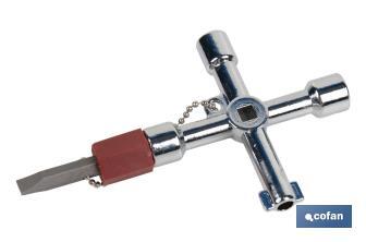Llave de cabina multifuncional | Aleación de zinc cromada | 7 perfiles | Longitud: 7,5 cm - Cofan