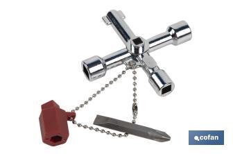 Llave de cabina multifuncional | Aleación de zinc cromada | 7 perfiles | Longitud: 7,5 cm - Cofan