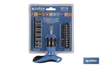 Set de destornillador en "T" |Mango T con carraca | 26 piezas de accesorios puntas y vasos - Cofan