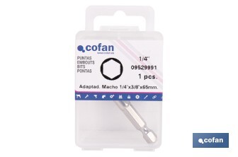 Adaptador de portavasos 3/8" para vasos de 1/4" | Longitud: 65 mm | Fabricado en acero cromo vanadio - Cofan