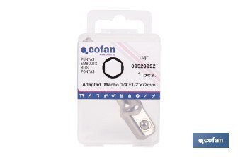 Adaptador de portavasos 1/2" para vasos de 1/4" | Longitud: 72 mm | Fabricado en acero cromo vanadio - Cofan