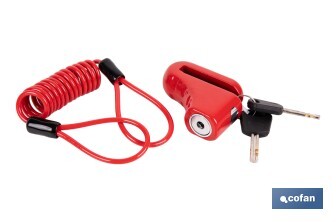 Candado de freno de disco | Cable rojo de 1 metro | Ideal para bicicleta, moto o patinete | Incluye 2 llaves tubulares | Cuerpo de aleación | Medidas: 7,5 x 2,5 x 5,8 cm - Cofan