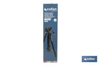 Universal telescopic tripod | 3 extensible legs | Adjustable height from 49cm to 149cm | Material: ABS + aluminium | Carrying bag included - Cofan