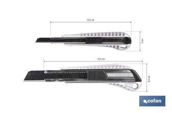 Cúter profesional de aluminio | Hoja negra SK2 | Sistema de bloqueo automático | Zona antideslizante | Disponible en 2 medidas - Cofan