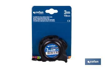 Flexómetro de hoja negra con impresión a doble cara | Carcasa de ABS | Funda antichoque | Botón de bloqueo automático | Disponible con cinta de 3, 5 y 8 metros de longitud - Cofan