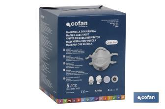 FFP3 (D) face mask | Disposable face mask | With exhalation valve | Filtering efficiency over 94% | Supplied in packs of 5 units - Cofan