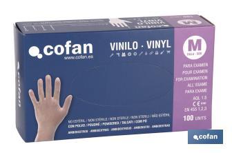 Boîte de 100 unités de gants en vinyle | Poudrés | Ambidextres | Appropriés pour usage alimentaire | Élastiques et résistants - Cofan