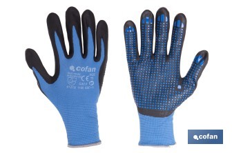 Guantes impregnados de nitrilo con puntos azules | EN 388-4121X | Alta destreza y comodidad | Disponibles desde la talla 6 hasta la 11 - Cofan