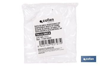 Disposable white gown | Material polypropylene | Colour: white | Hook and loop fastener and elastic cuffs | One size fits all - Cofan