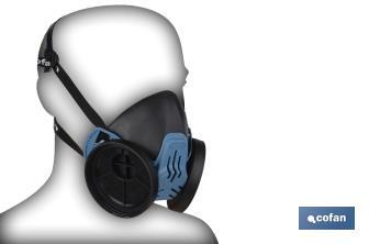 Demi-masque | Pour deux filtres de protection interchangeables | Bandes de fixation | Protection contre les gaz, vapeurs et particules dangereux | Conforme à EN 140:1998 - Cofan