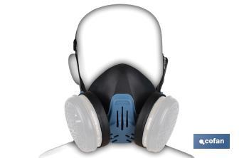 Demi-masque | Pour deux filtres de protection interchangeables | Bandes de fixation | Protection contre les gaz, vapeurs et particules dangereux | Conforme à EN 140:1998 - Cofan
