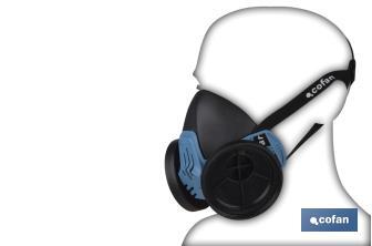 Demi-masque | Pour deux filtres de protection interchangeables | Bandes de fixation | Protection contre les gaz, vapeurs et particules dangereux | Conforme à EN 140:1998 - Cofan
