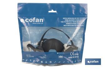 Demi-masque | Pour deux filtres de protection interchangeables | Bandes de fixation | Protection contre les gaz, vapeurs et particules dangereux | Conforme à EN 140:1998 - Cofan