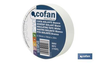 Insulating tape 180 microns | White | Resistant to voltage, heat and different acids and alkaline materials - Cofan