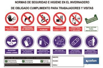 Cartel Multiseñal | Normas de seguridad e higiene para invernaderos | Medida 1000 x 700 mm - Cofan